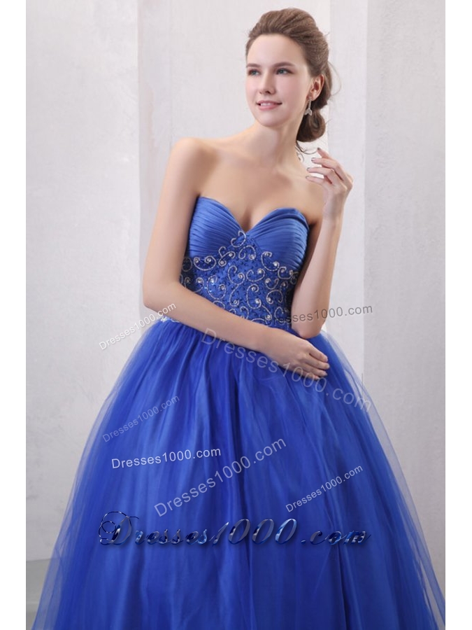 Diamonds and Ruching Blue Tulle Dress for Quince with Puffy Skirt