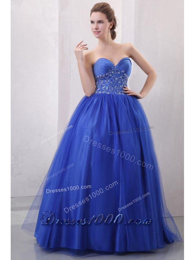 Diamonds and Ruching Blue Tulle Dress for Quince with Puffy Skirt
