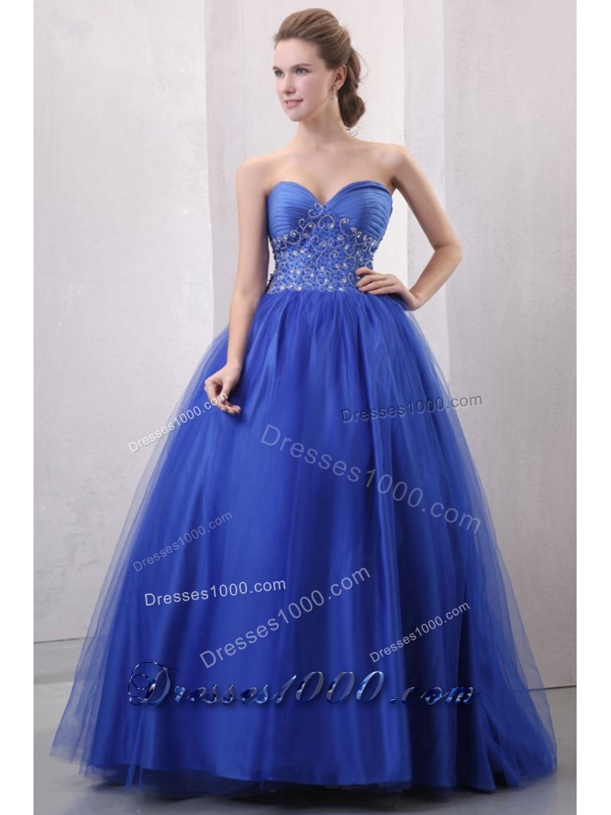 Diamonds and Ruching Blue Tulle Dress for Quince with Puffy Skirt