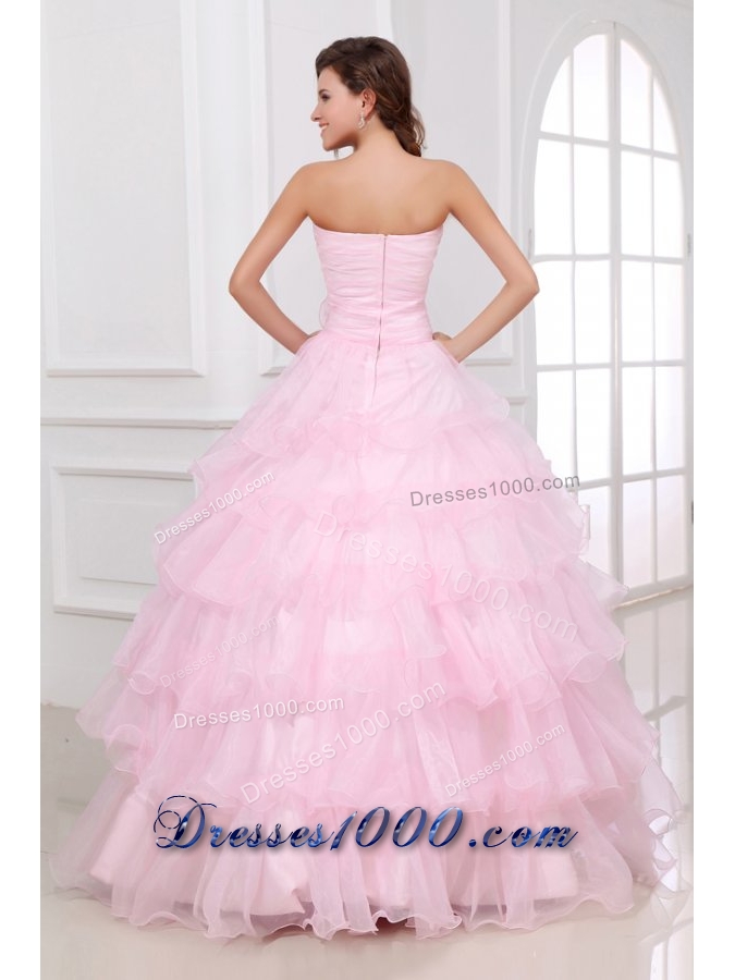 Baby Pink Ruffled Layers Puffy Organza Quinceanera Party Dresses