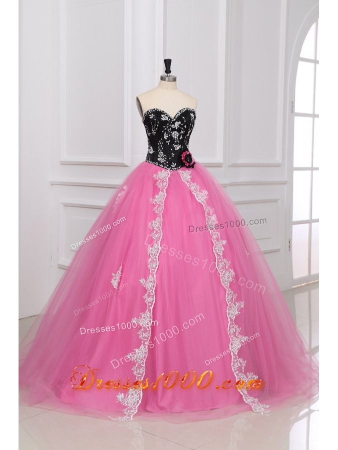 Pick and Black Quinceanera Dresses with Beading and Lace Flower