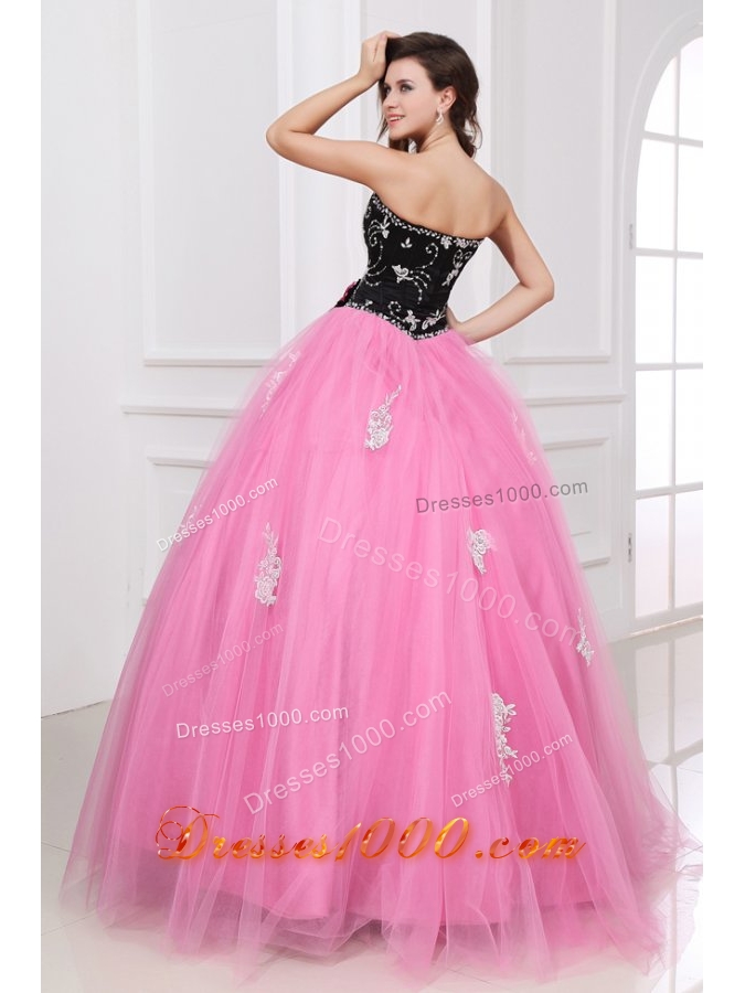 Pick and Black Quinceanera Dresses with Beading and Lace Flower