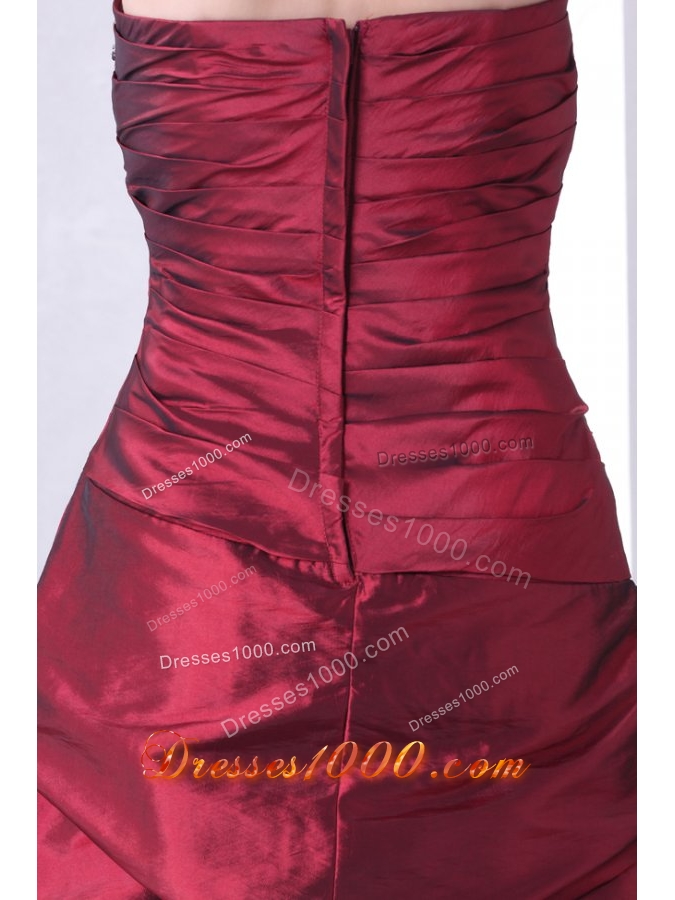 Strapless Burgundy Knee-length Prom Gown with Beading and Pick-ups