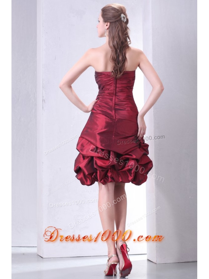 Strapless Burgundy Knee-length Prom Gown with Beading and Pick-ups