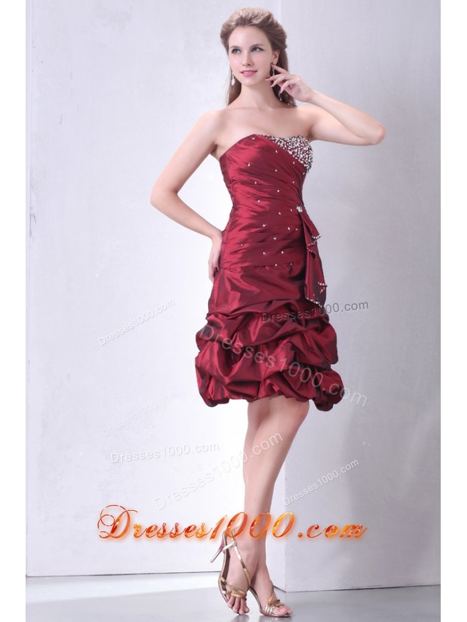 Strapless Burgundy Knee-length Prom Gown with Beading and Pick-ups