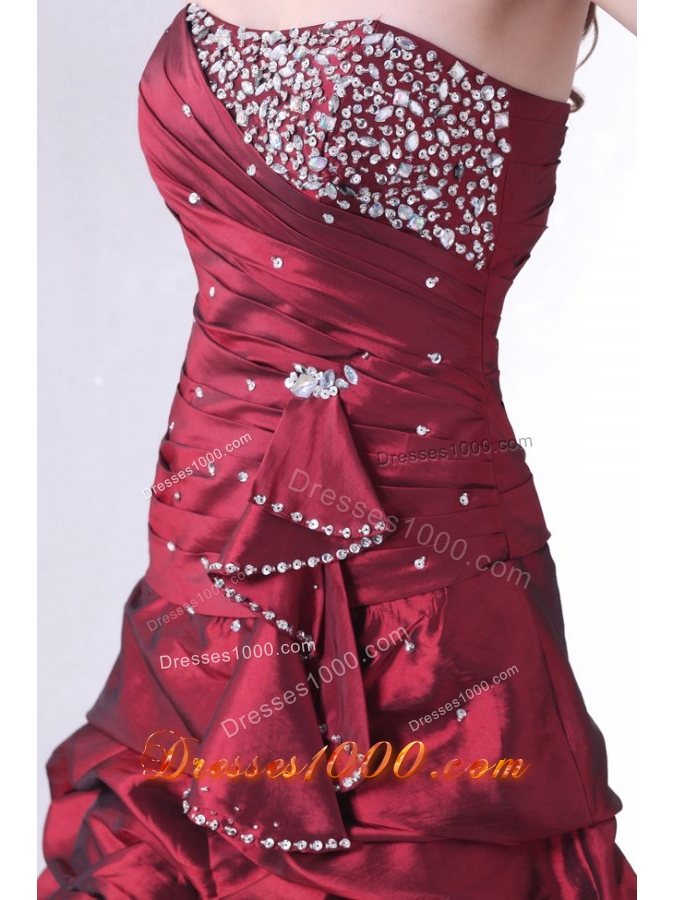 Strapless Burgundy Knee-length Prom Gown with Beading and Pick-ups