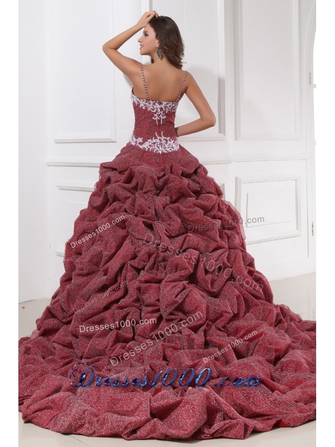 Spaghetti Straps Pick Ups and Appliques Wine Quinceanera Gown