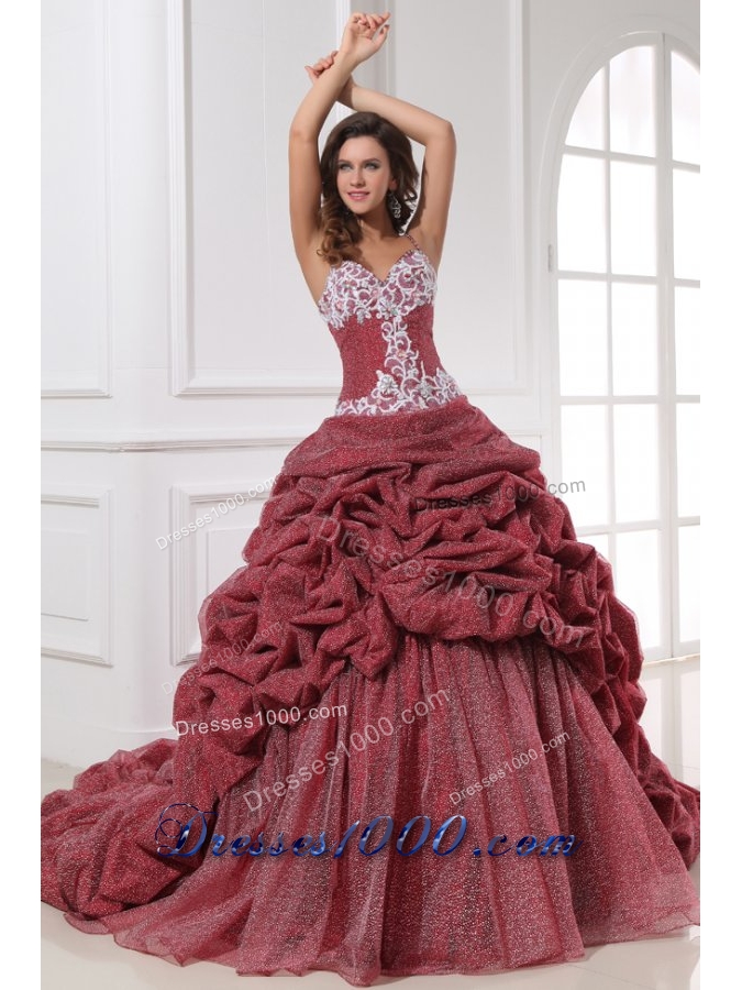 Spaghetti Straps Pick Ups and Appliques Wine Quinceanera Gown