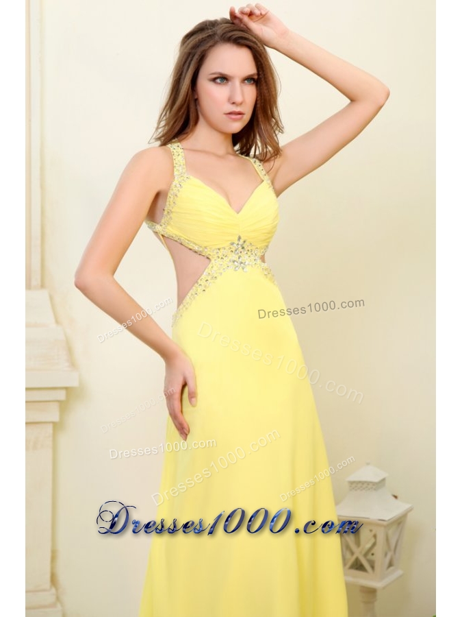 Column Straps Light Yellow Chiffon Dress for Prom with Cut-out