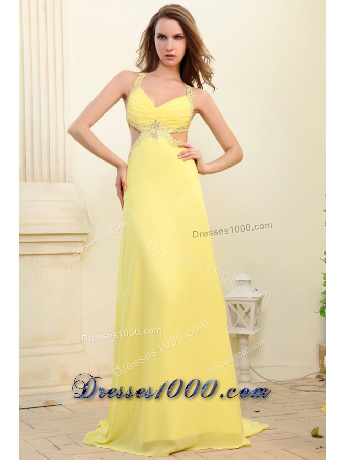 Column Straps Light Yellow Chiffon Dress for Prom with Cut-out