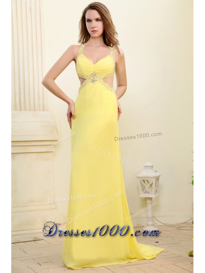 Column Straps Light Yellow Chiffon Dress for Prom with Cut-out