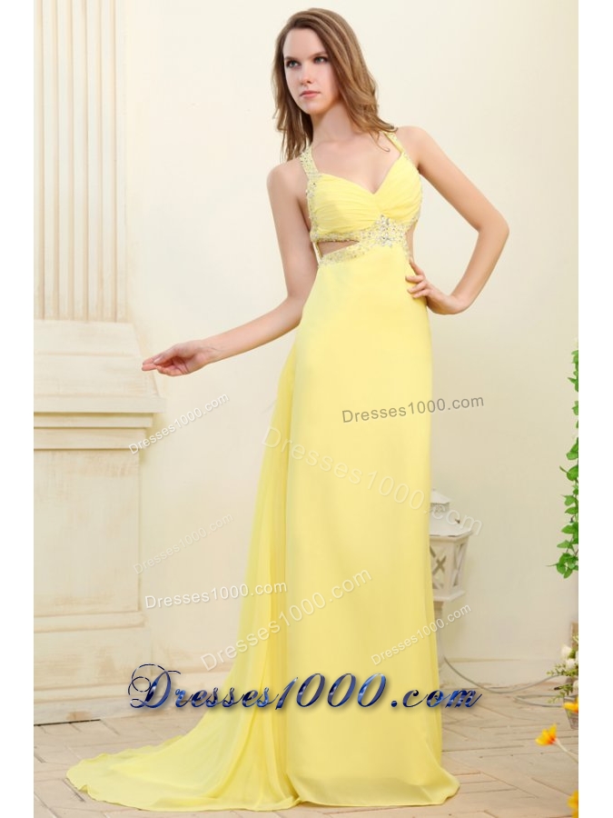 Column Straps Light Yellow Chiffon Dress for Prom with Cut-out