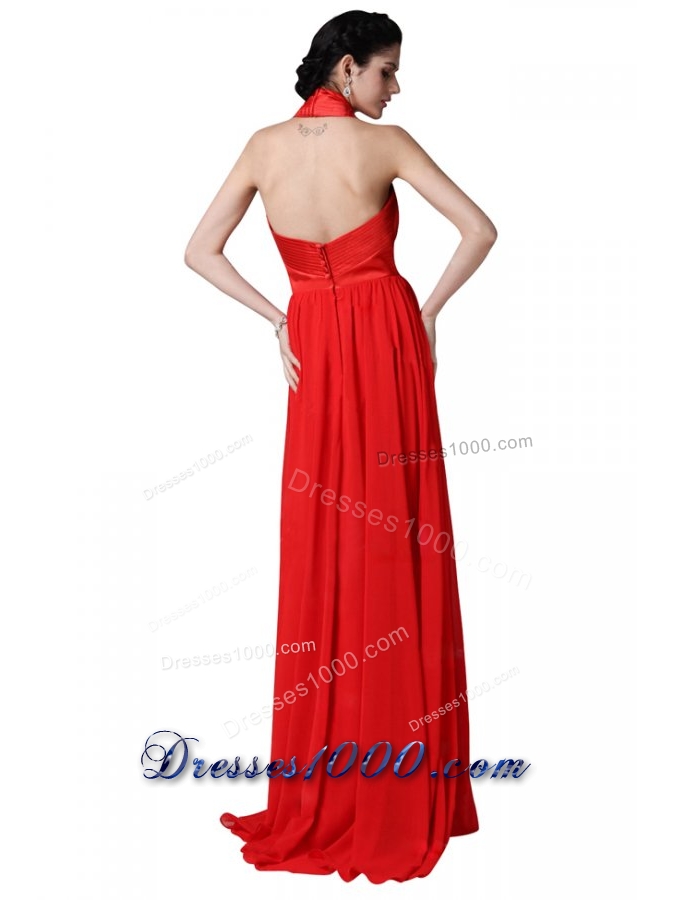 2014 Most Popular Red Halter Top Chiffon Prom Dresses with Ruching