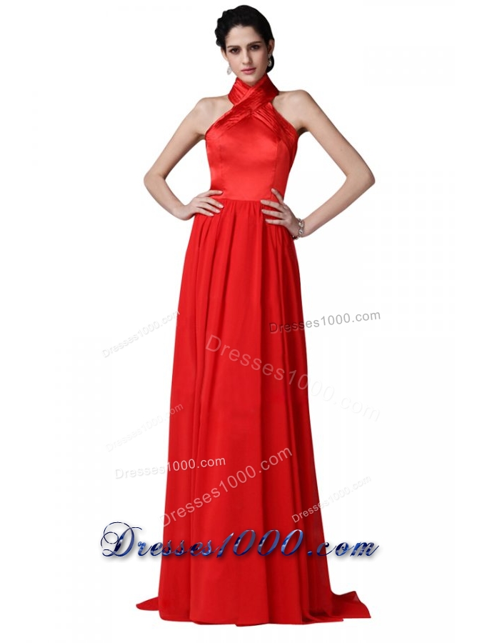 2014 Most Popular Red Halter Top Chiffon Prom Dresses with Ruching