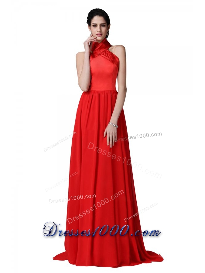 2014 Most Popular Red Halter Top Chiffon Prom Dresses with Ruching