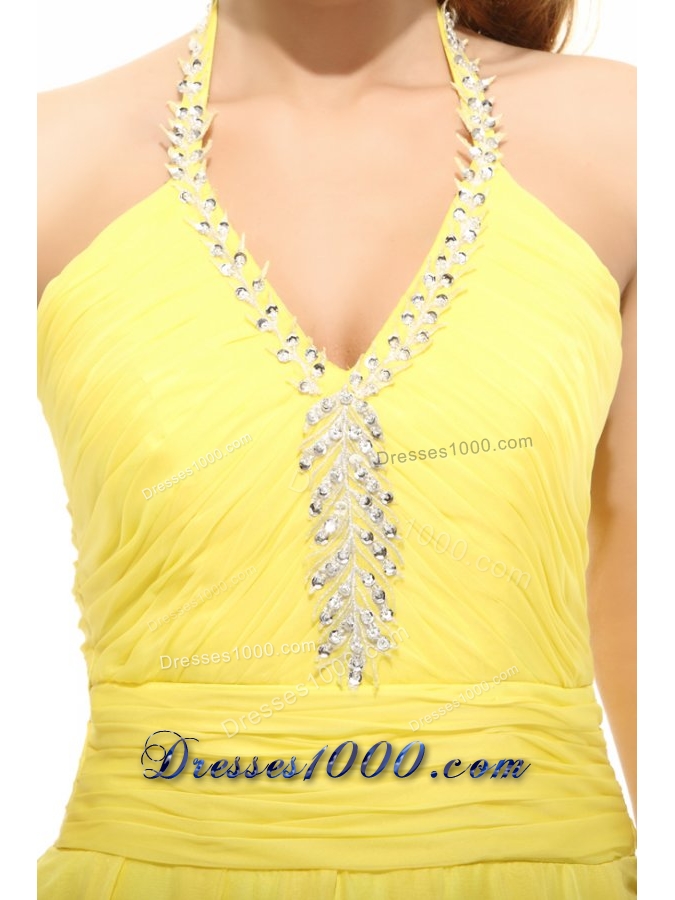 Empire Light Yellow Halter Top Beading Chiffon Prom Dress with Slit