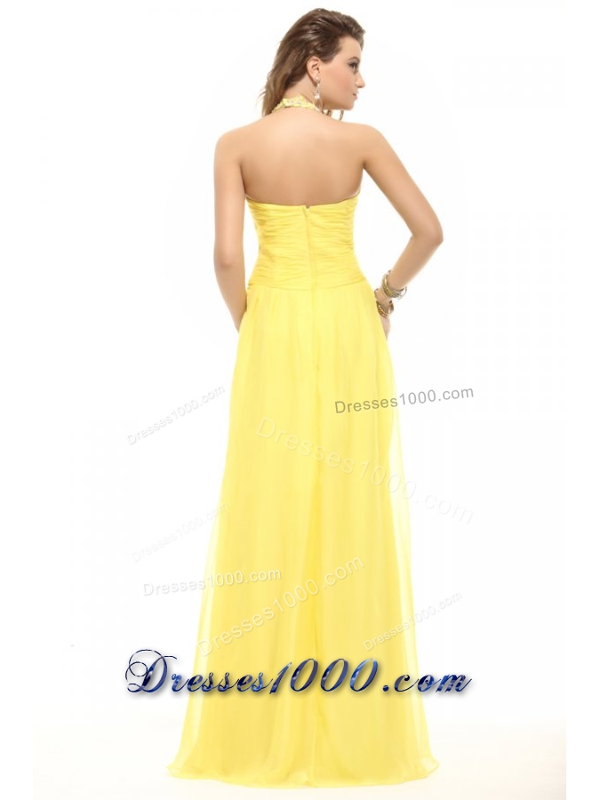 Empire Light Yellow Halter Top Beading Chiffon Prom Dress with Slit