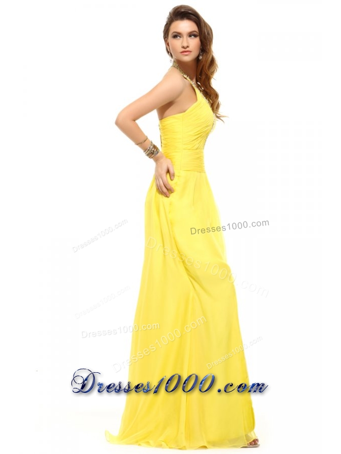 Empire Light Yellow Halter Top Beading Chiffon Prom Dress with Slit