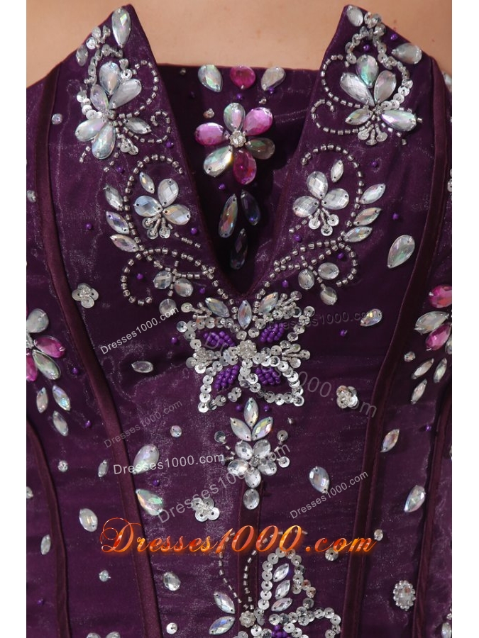 Quinceanera Dress with Rhinestones in Purple and Green Organza