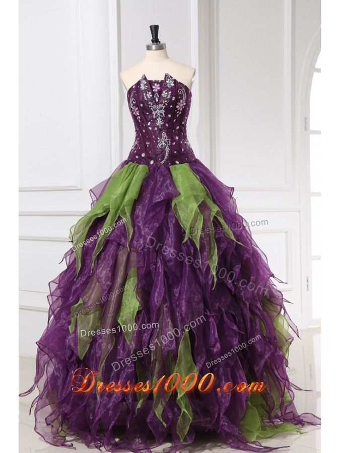 Quinceanera Dress with Rhinestones in Purple and Green Organza