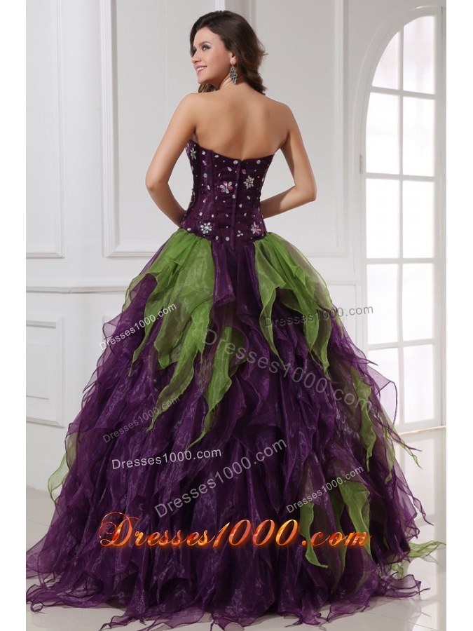 Quinceanera Dress with Rhinestones in Purple and Green Organza