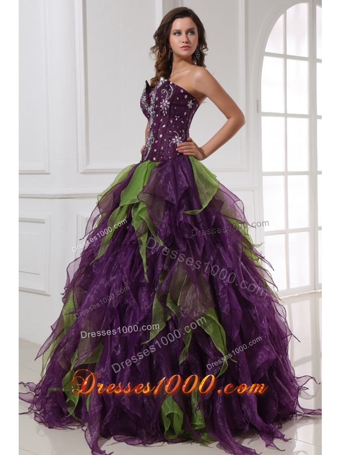 Quinceanera Dress with Rhinestones in Purple and Green Organza