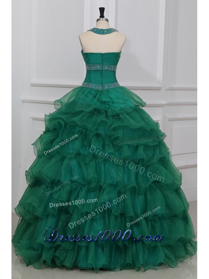 Emerald Green Halter-Neck Tiered Quinceanera Dress with Beading