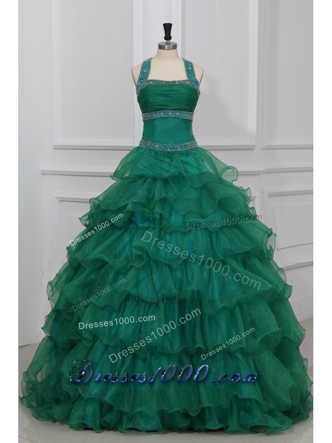 Emerald Green Halter-Neck Tiered Quinceanera Dress with Beading