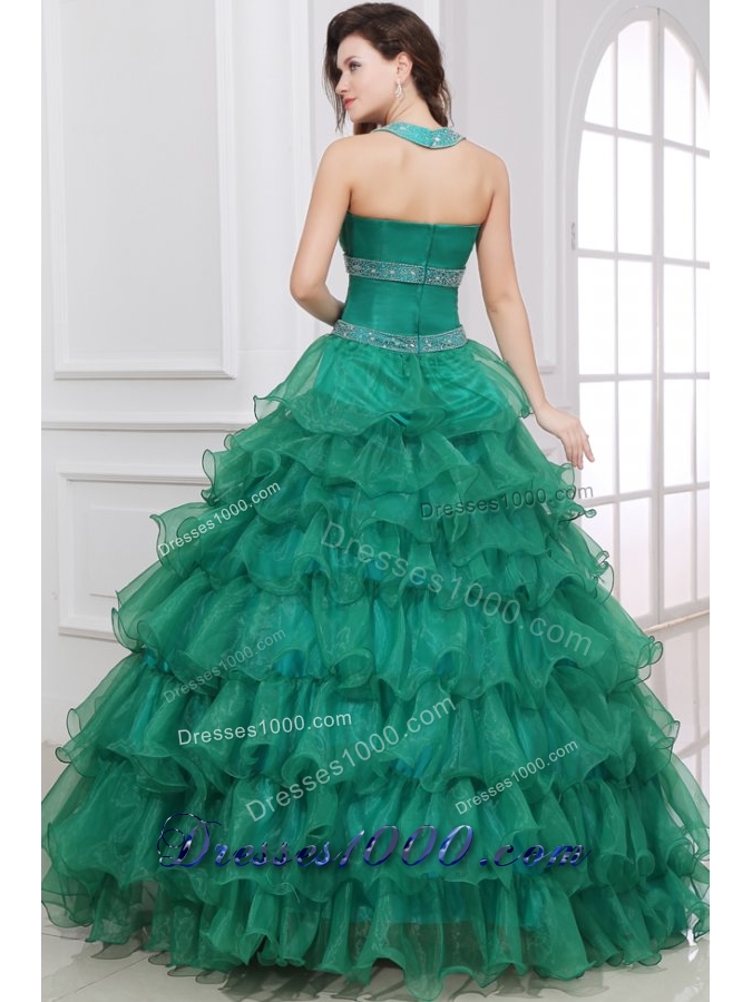 Emerald Green Halter-Neck Tiered Quinceanera Dress with Beading