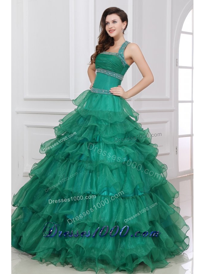 Emerald Green Halter-Neck Tiered Quinceanera Dress with Beading