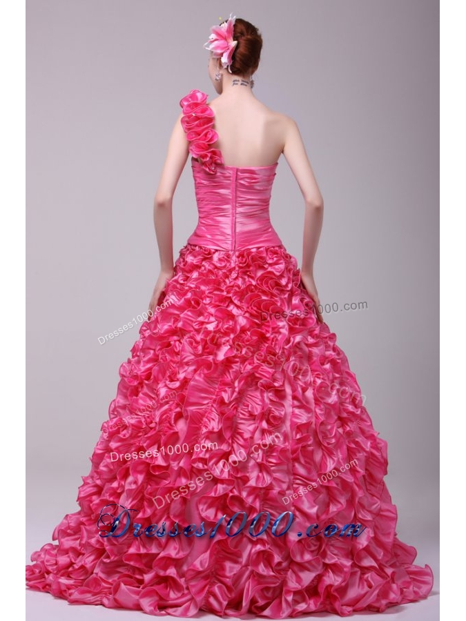Unique One Shoulder Hot Pink Ruffled Zipper-up Quinceanera Dresses