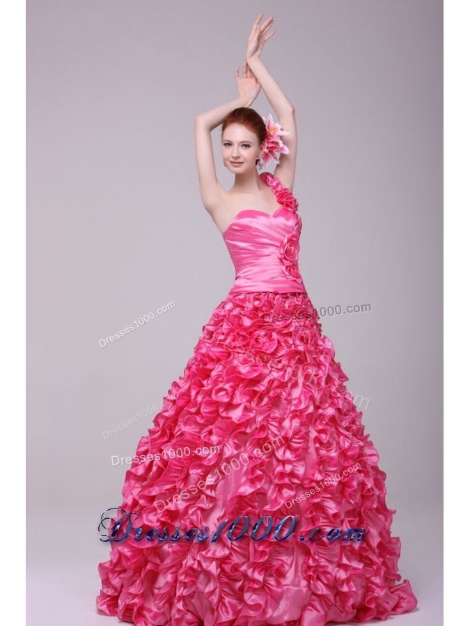 Unique One Shoulder Hot Pink Ruffled Zipper-up Quinceanera Dresses