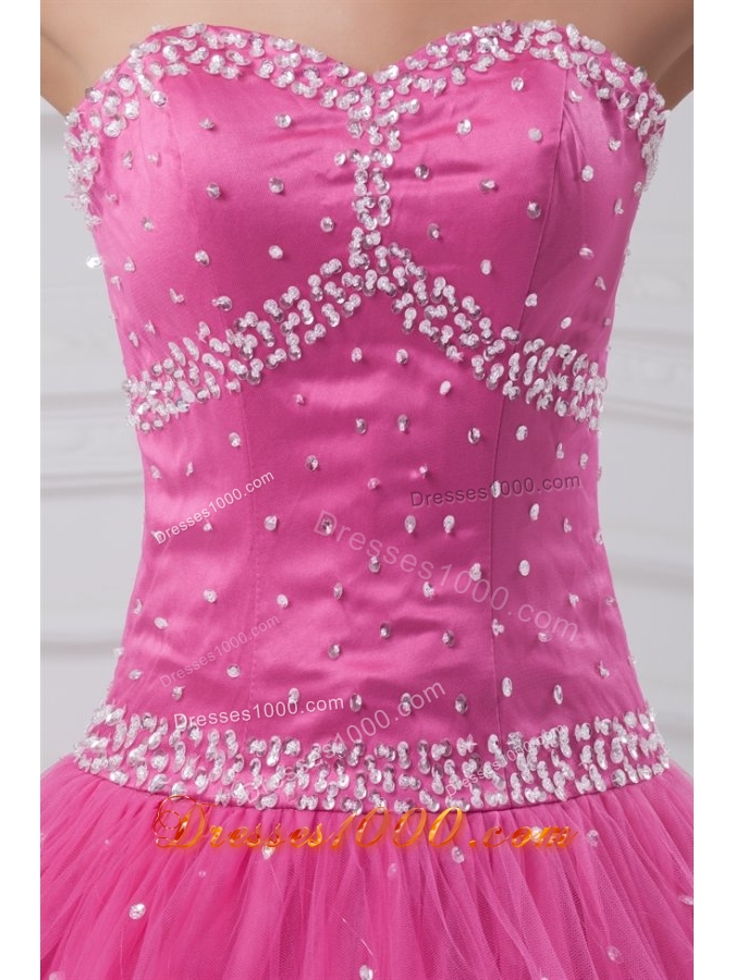 Sweetheart Hot Pink Beaded Tulle Floor-length Quinceanera Dress