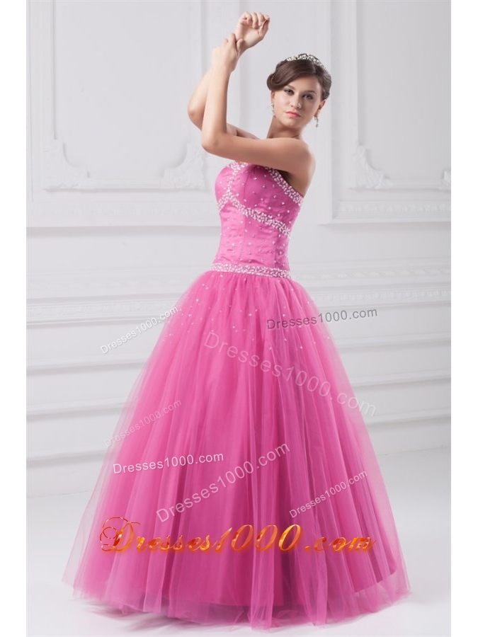 Sweetheart Hot Pink Beaded Tulle Floor-length Quinceanera Dress