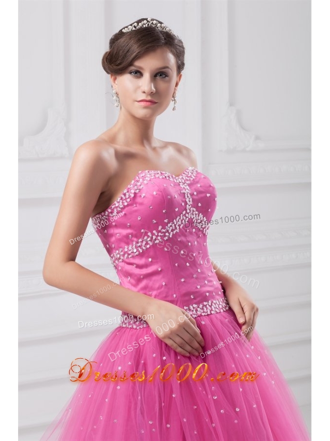 Sweetheart Hot Pink Beaded Tulle Floor-length Quinceanera Dress