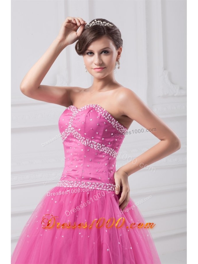 Sweetheart Hot Pink Beaded Tulle Floor-length Quinceanera Dress