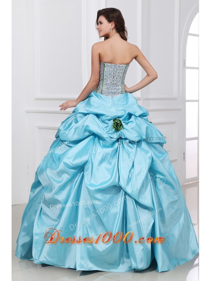 Light Blue Quinceanera Party Dress with Sequin Bust and Flowers