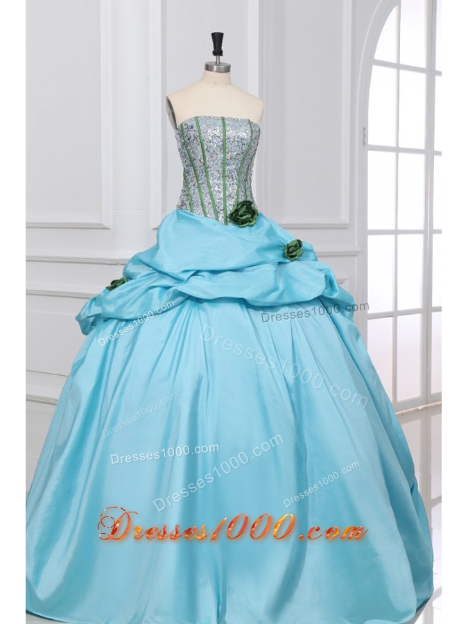 Light Blue Quinceanera Party Dress with Sequin Bust and Flowers