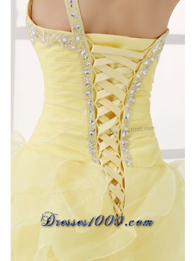 Asymmetrical Hem Light Yellow Prom Dress with One Shoulder Strap