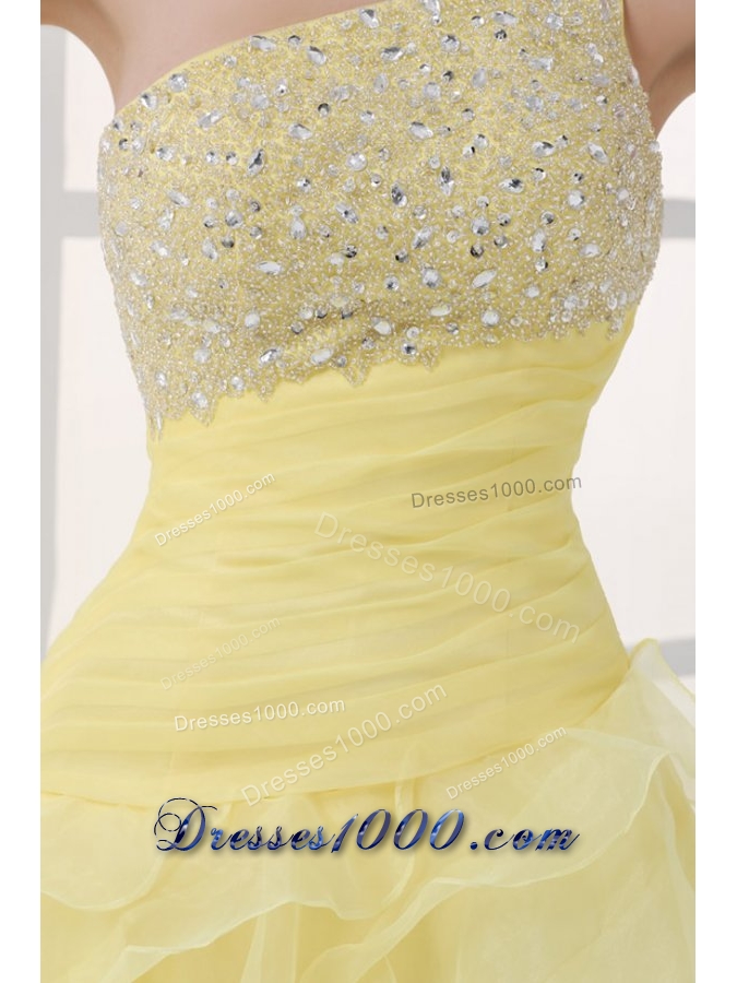 Asymmetrical Hem Light Yellow Prom Dress with One Shoulder Strap