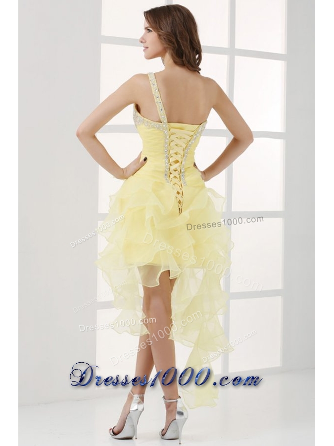 Asymmetrical Hem Light Yellow Prom Dress with One Shoulder Strap