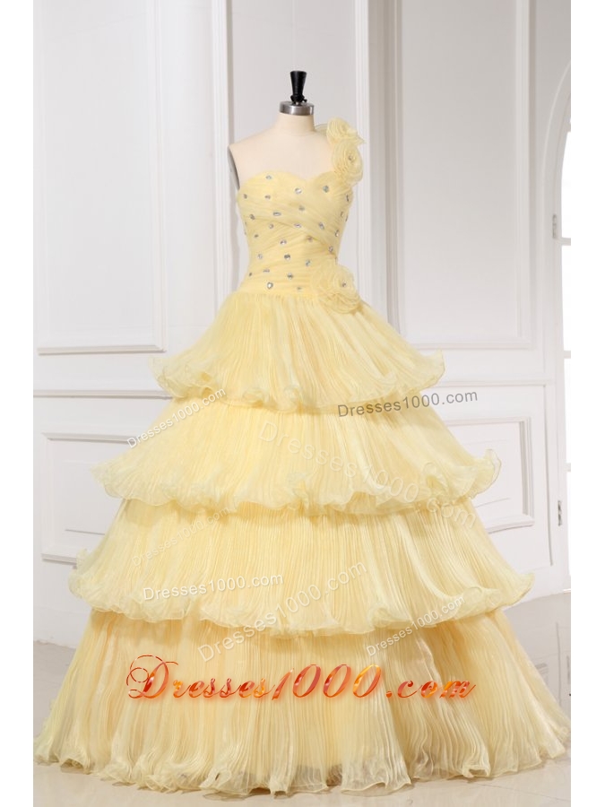 Asymmetrical Neckline Layered Light Yellow Quinceanera Dresses