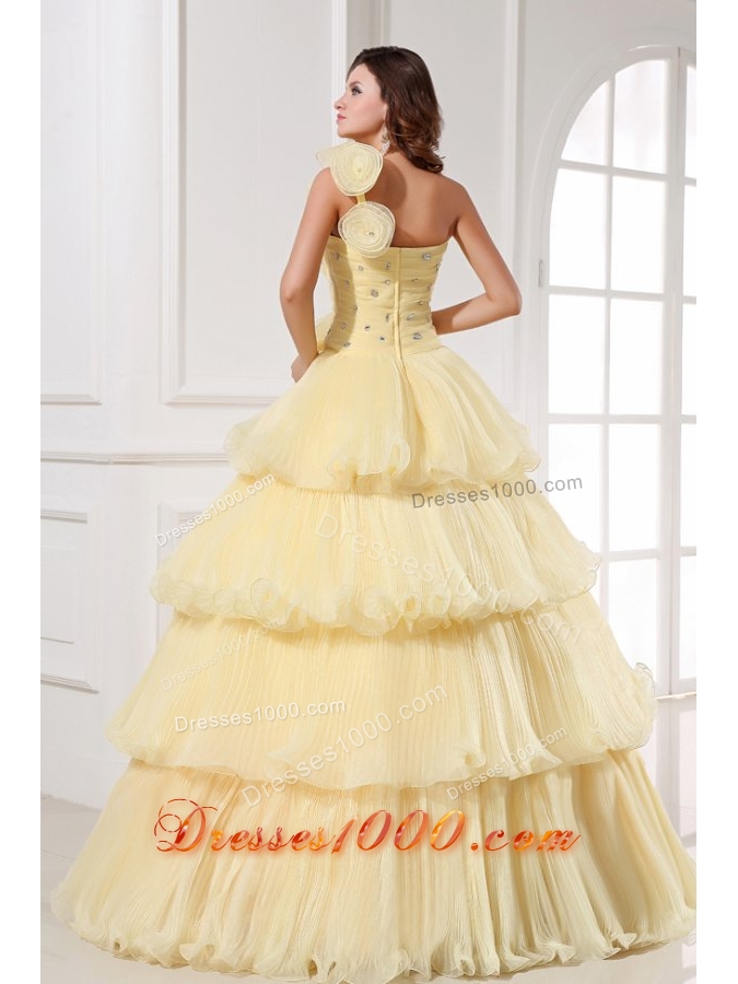 Asymmetrical Neckline Layered Light Yellow Quinceanera Dresses