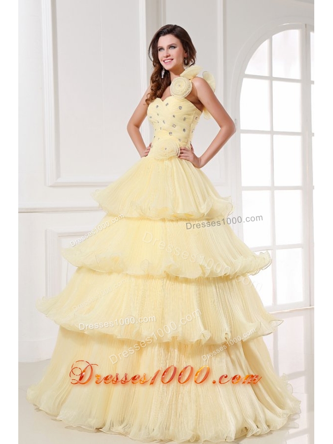 Asymmetrical Neckline Layered Light Yellow Quinceanera Dresses