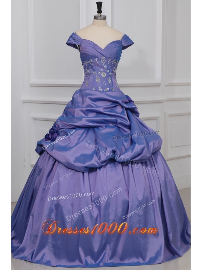 Cap Sleeves Pick Ups and Handle Flowers Taffeta Sweet 15 Dresses