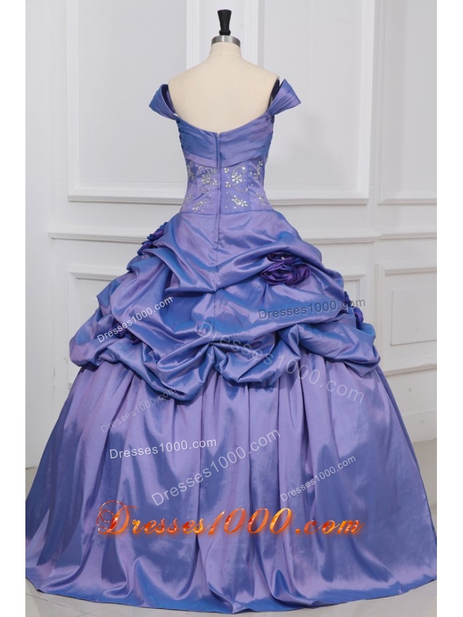 Cap Sleeves Pick Ups and Handle Flowers Taffeta Sweet 15 Dresses
