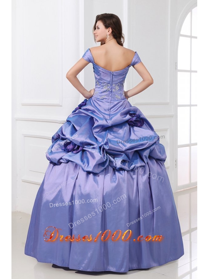 Cap Sleeves Pick Ups and Handle Flowers Taffeta Sweet 15 Dresses