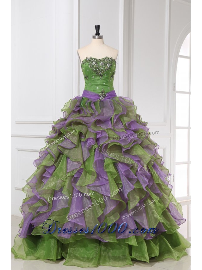 Multi-colored Organza Quinceanera Dress with Beading and Ruffles