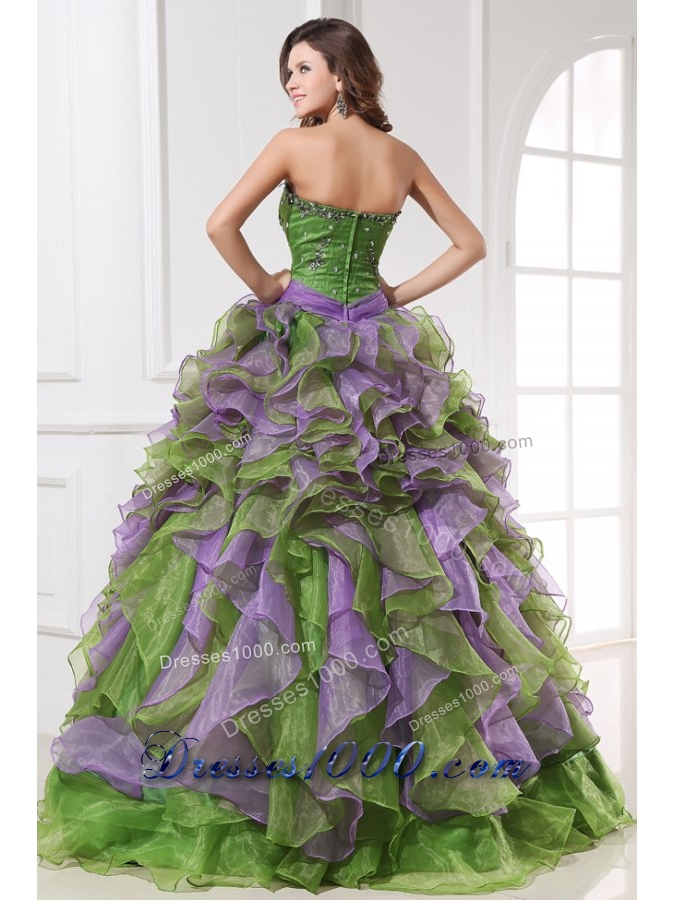 Multi-colored Organza Quinceanera Dress with Beading and Ruffles