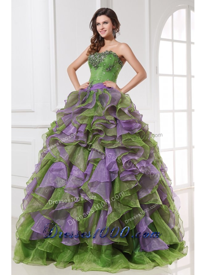 Multi-colored Organza Quinceanera Dress with Beading and Ruffles